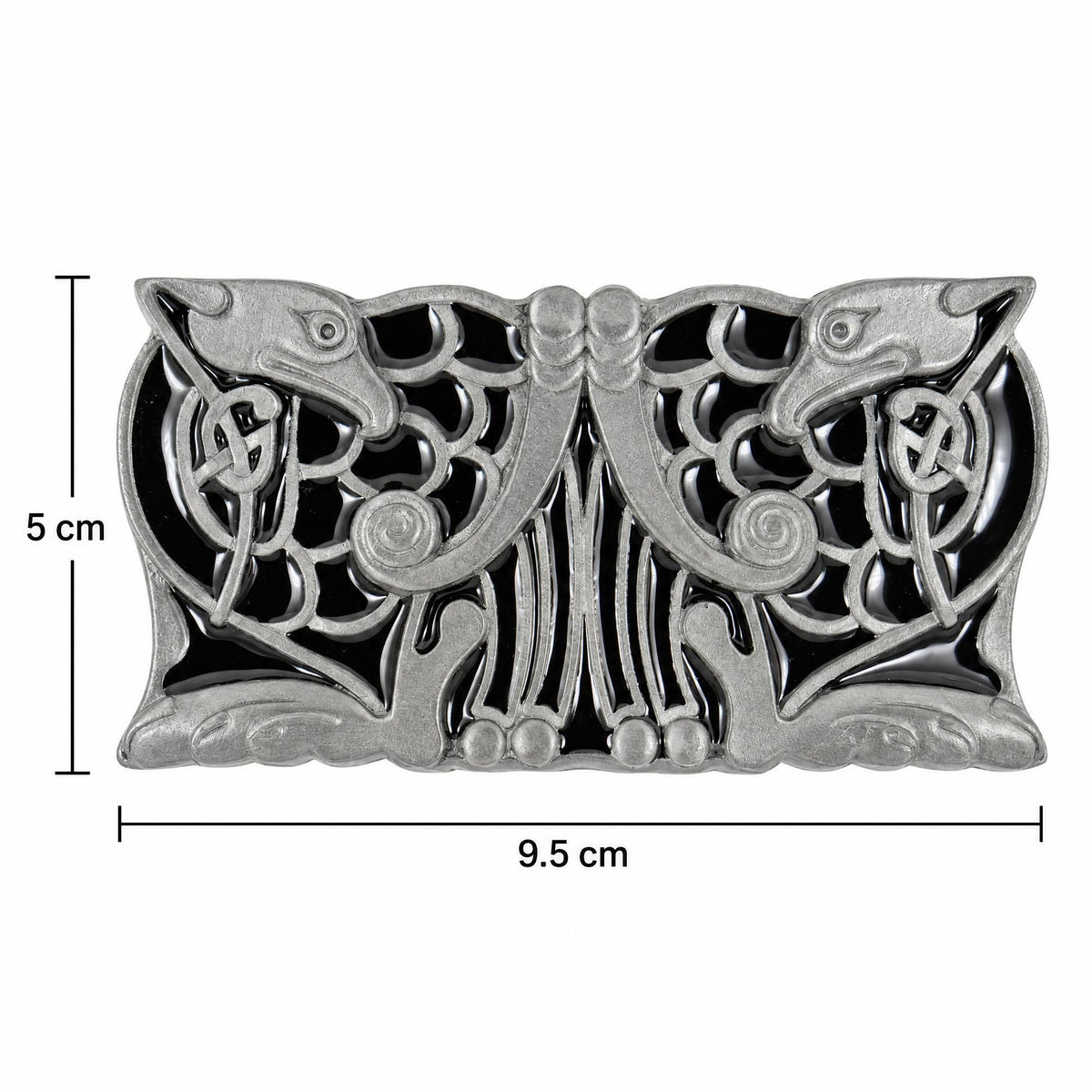 Size guide for the Celtic Birds Design belt buckle, measuring 9.5 cm by 5 cm