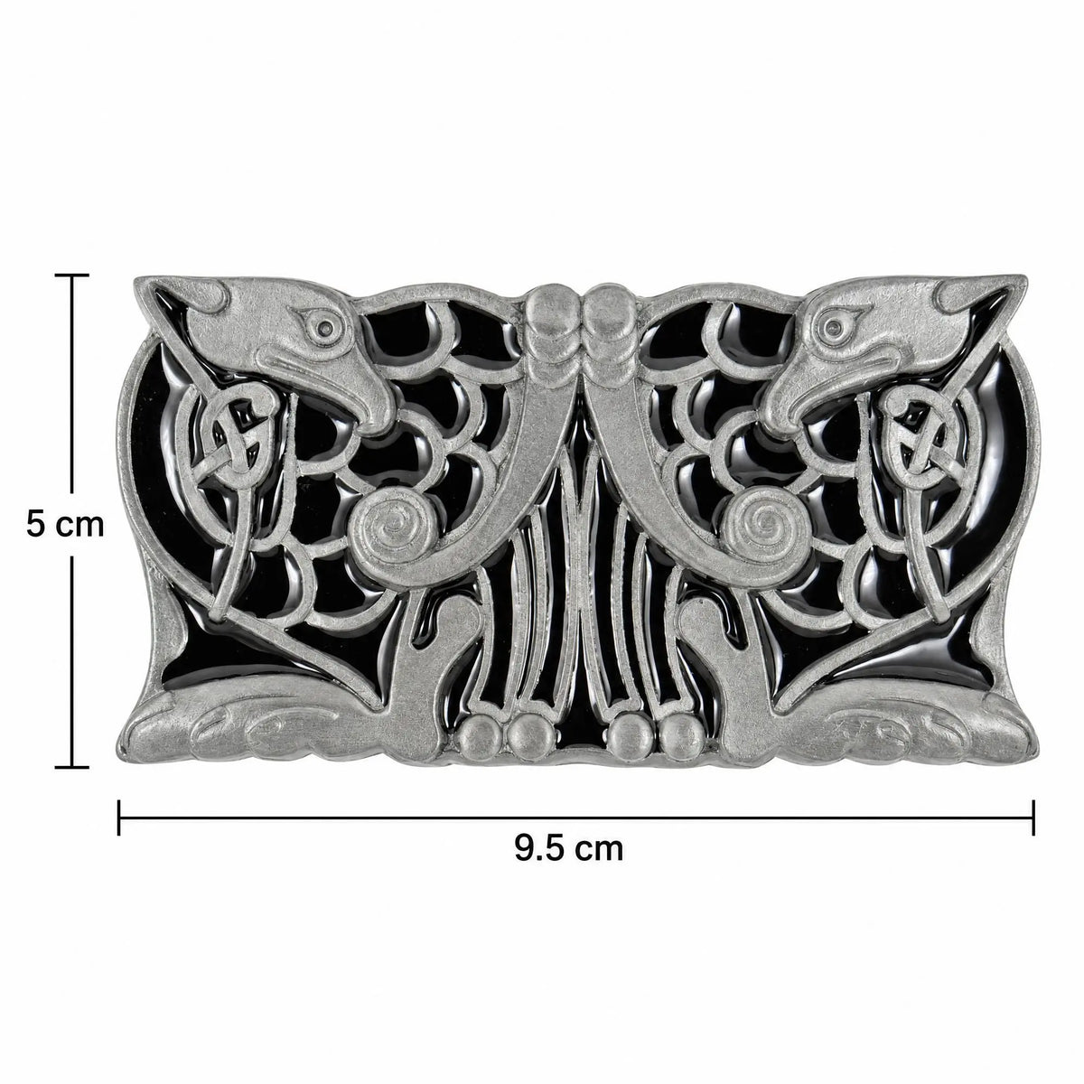 Size guide for the Celtic Birds Design belt buckle, measuring 9.5 cm by 5 cm