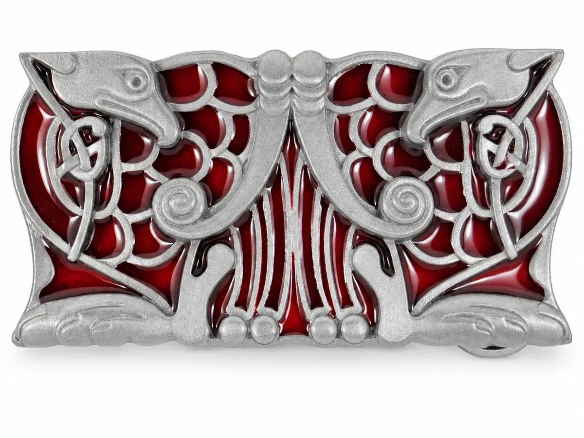 Front view of the black Celtic Birds Design metal belt buckle