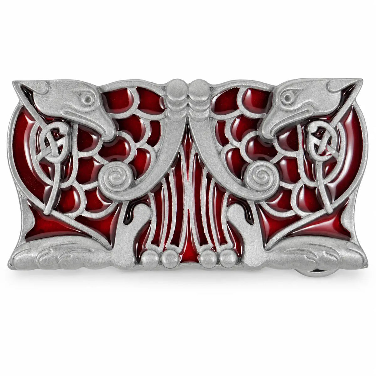 Front view of the black Celtic Birds Design metal belt buckle