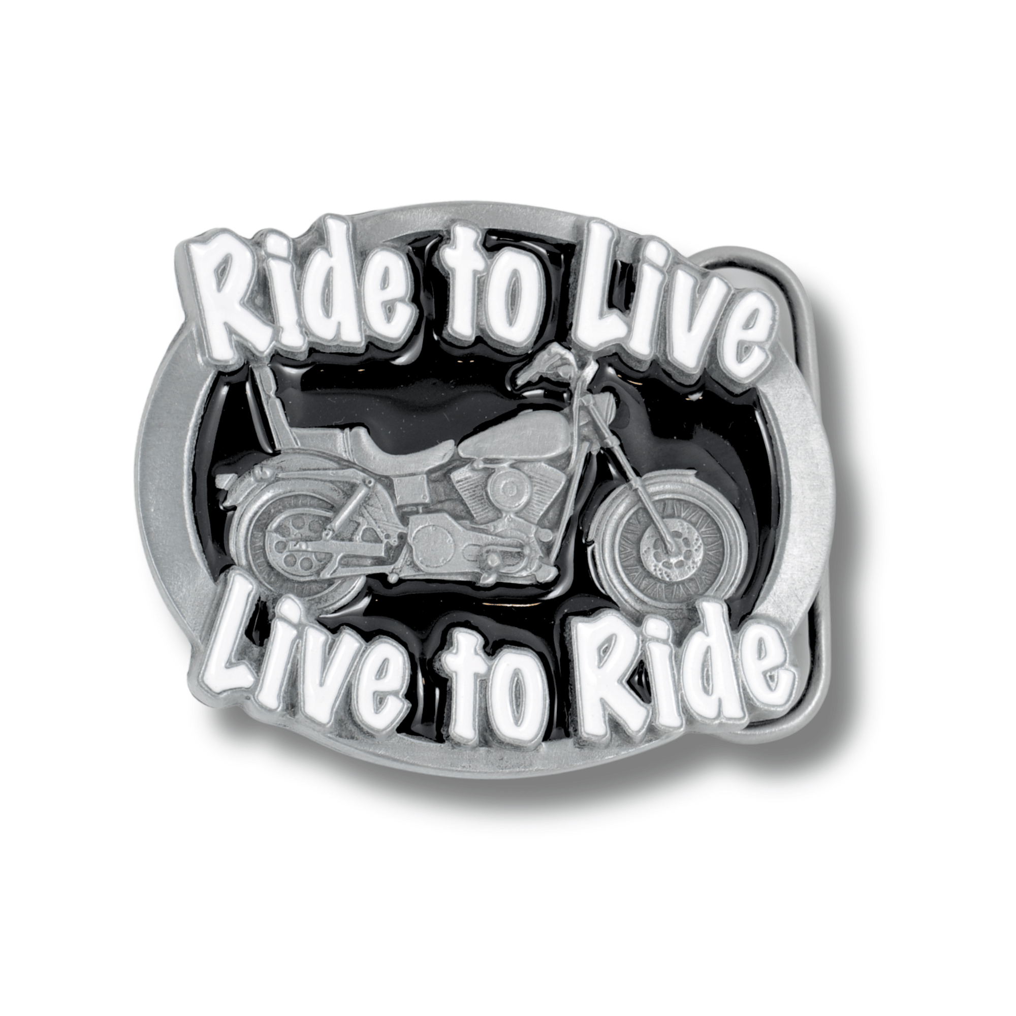 Belt buckle with motorcycle design and 'Ride to Live, Live to Ride' text on a white background