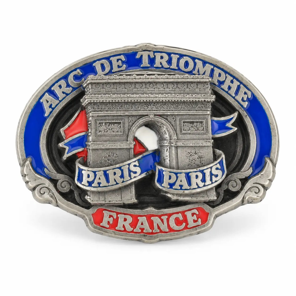 Arc de Triomphe Paris France belt buckle with red blue and silver detailing