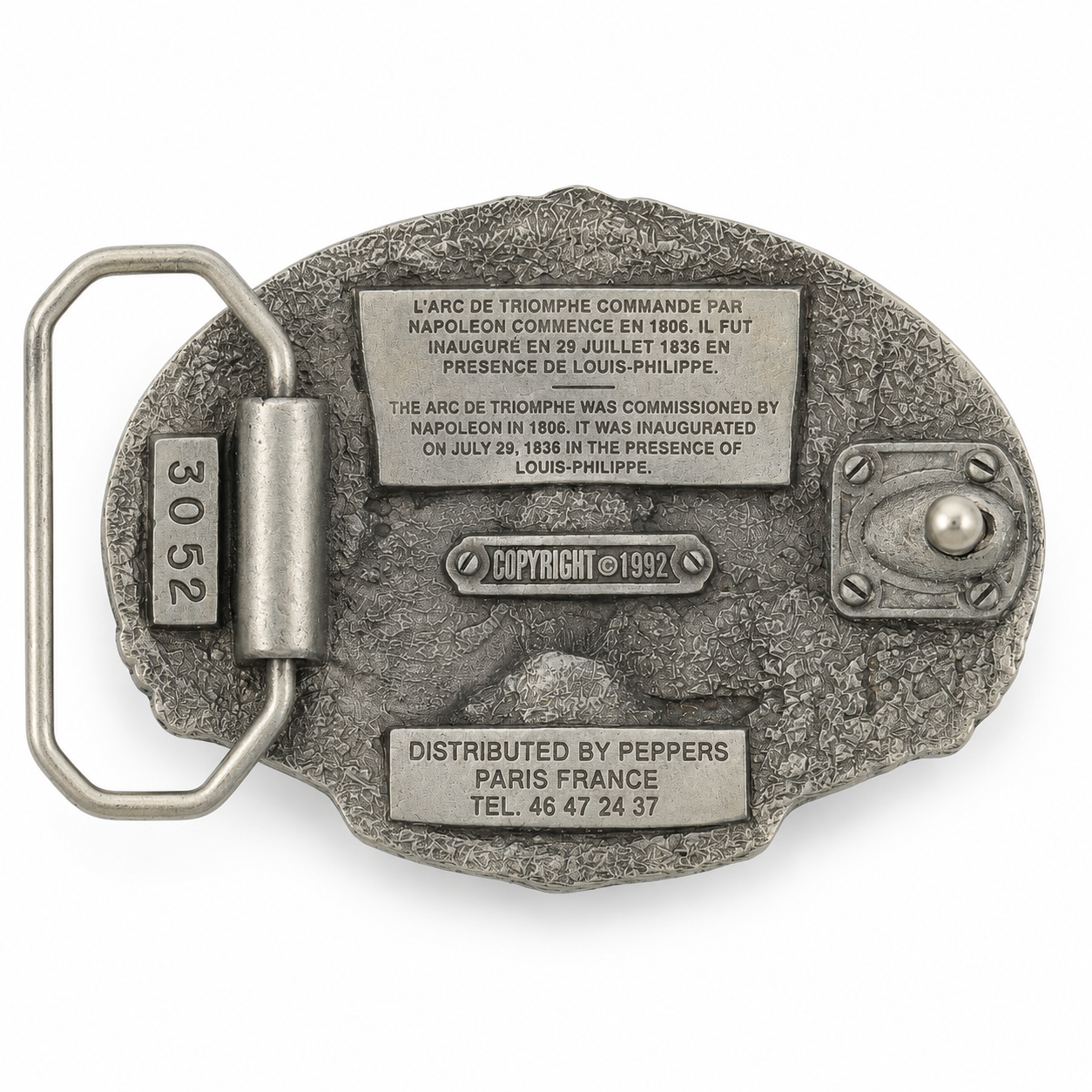 Rear of Arc de Triomphe belt buckle showing belt loop and fastening stud