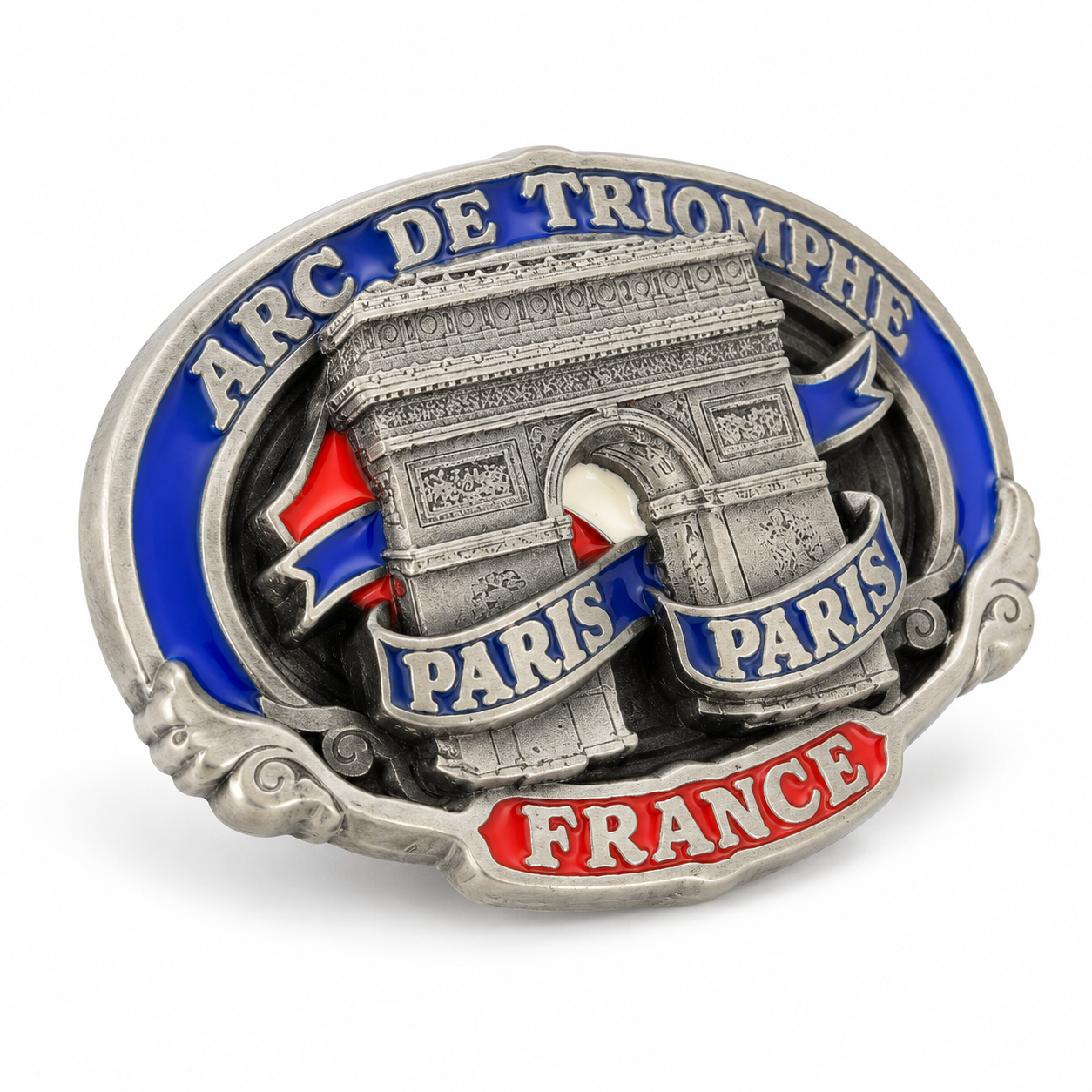Angled view of Arc de Triomphe Paris belt buckle showing raised metal detailing