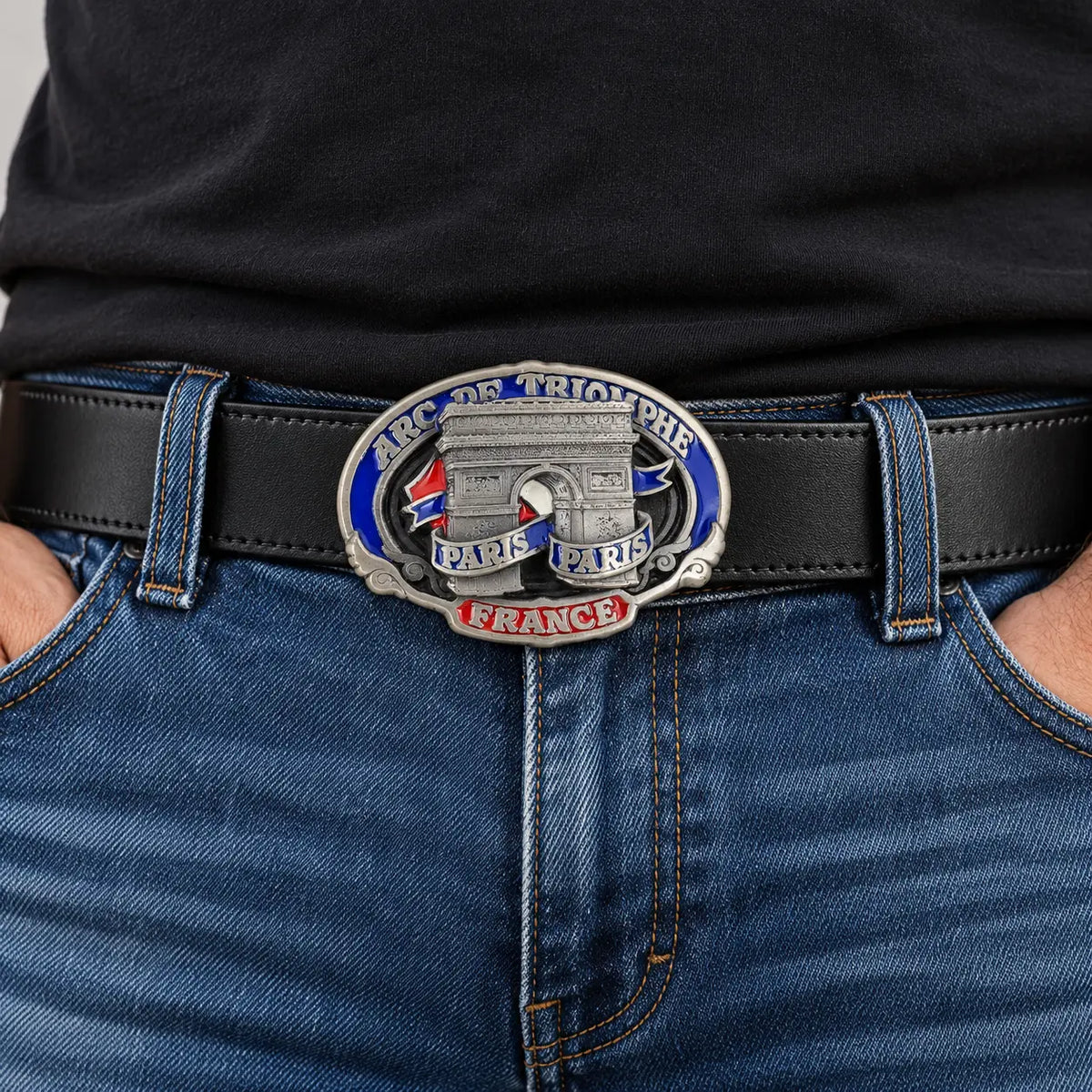 Arc de Triomphe Paris belt buckle worn on a black leather belt