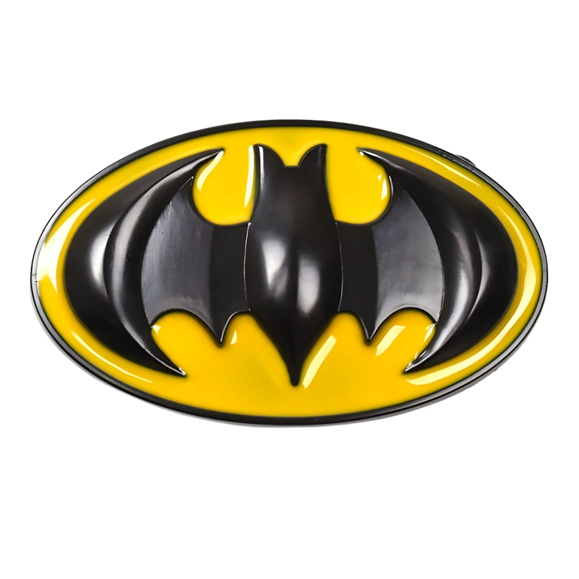 Batman black symbol belt buckle on a yellow background