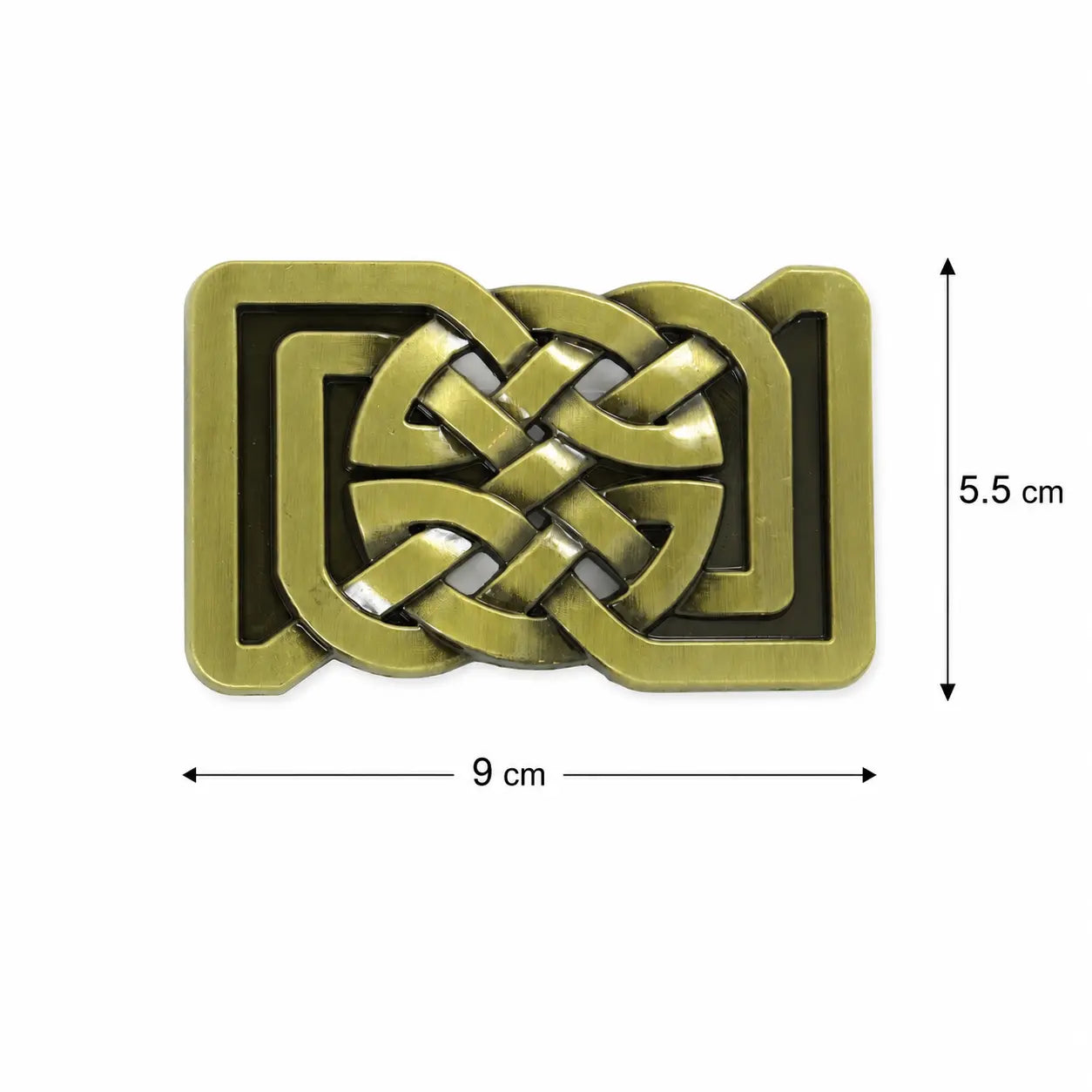 Brass-colored Celtic knot design BELT BUCKLE with dimensions on a white background