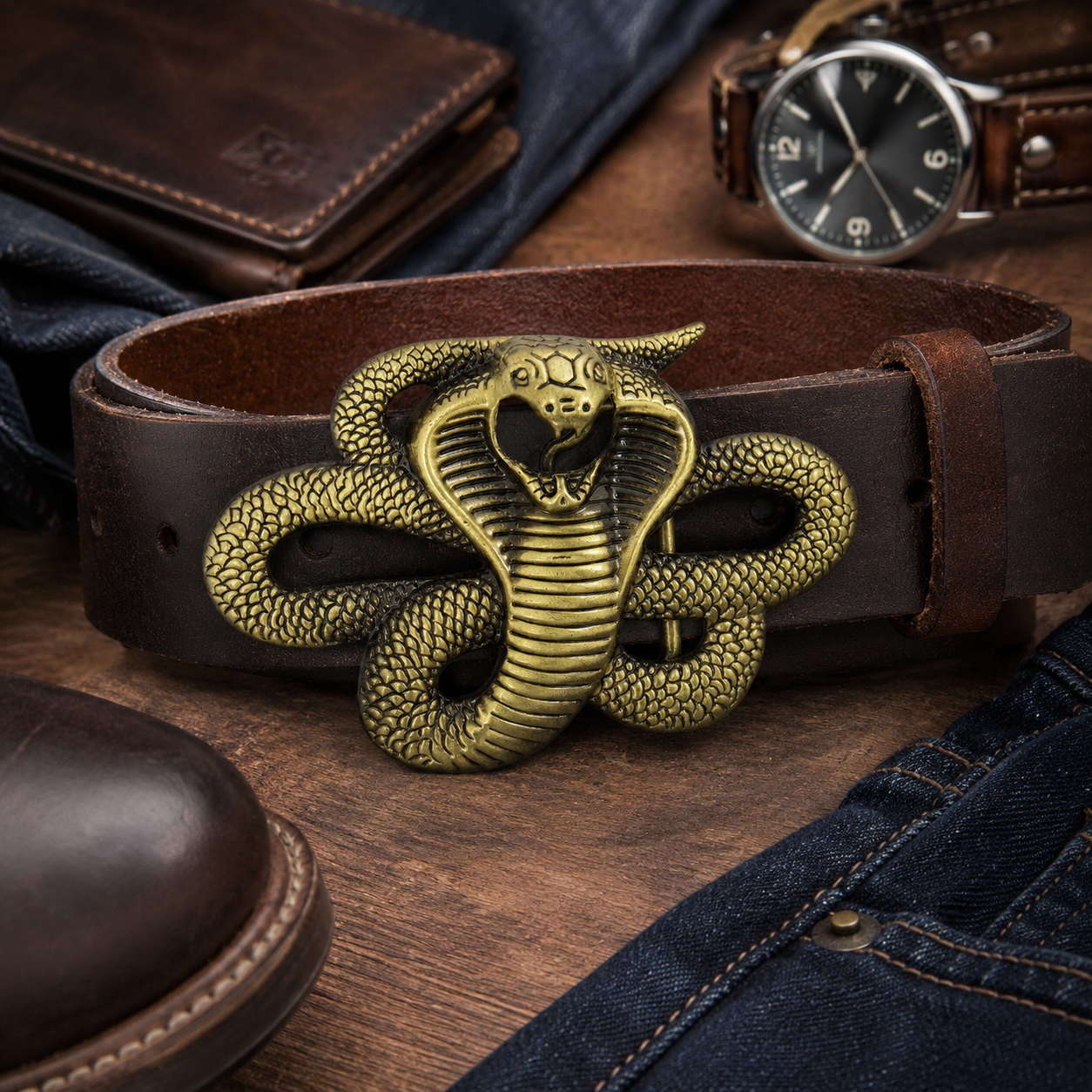 King Cobra Belt Buckle | Antique Brass Snake Design