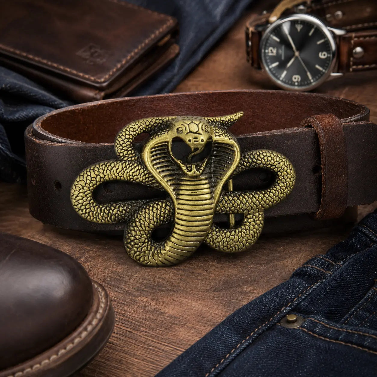 King Cobra Belt Buckle | Antique Brass Snake Design - Flash My Buckle