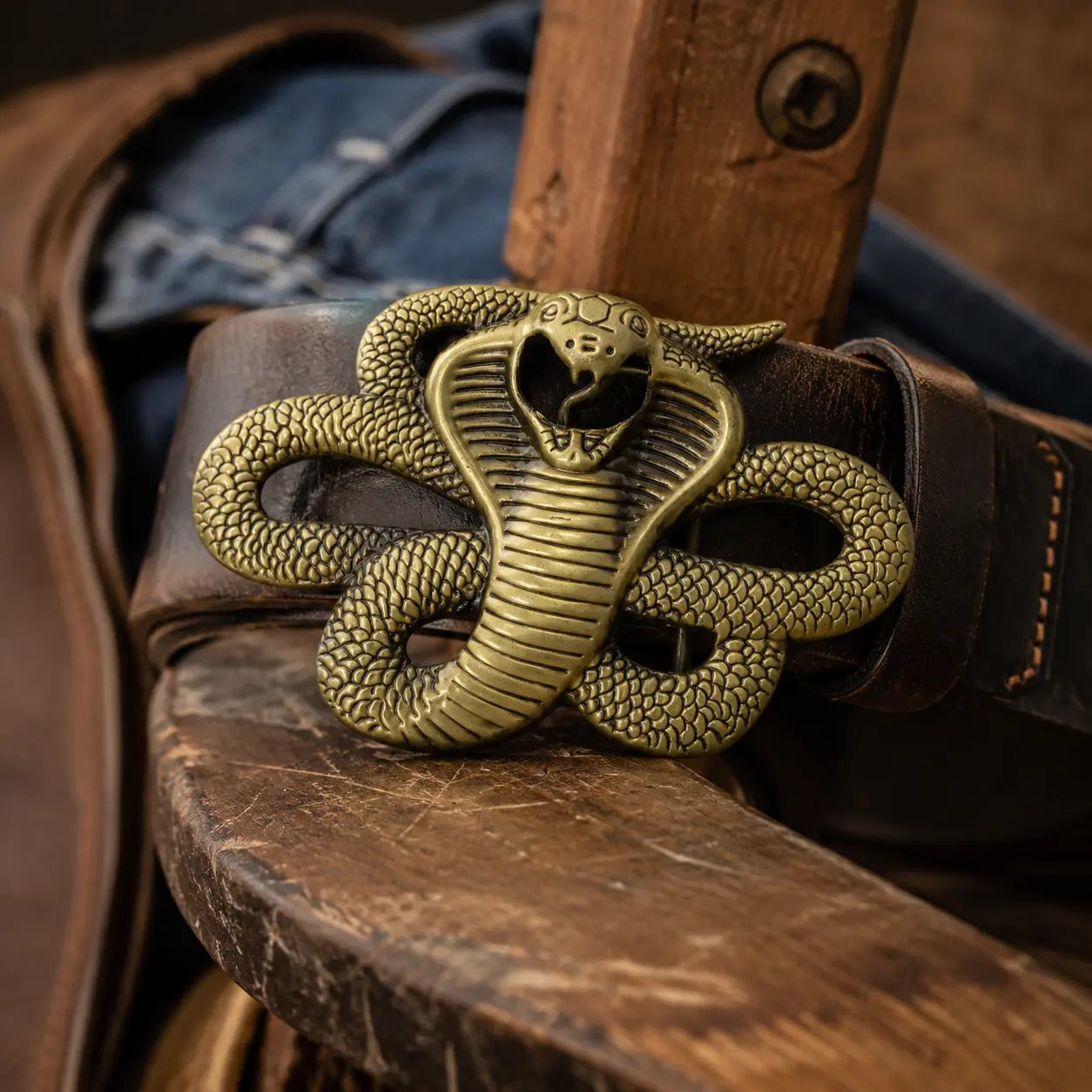 King Cobra Belt Buckle | Antique Brass Snake Design - Flash My Buckle