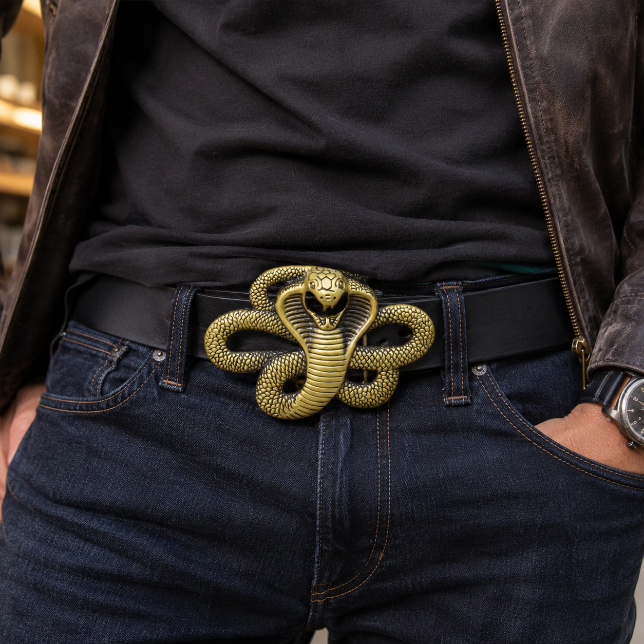 King Cobra Belt Buckle | Antique Brass Snake Design