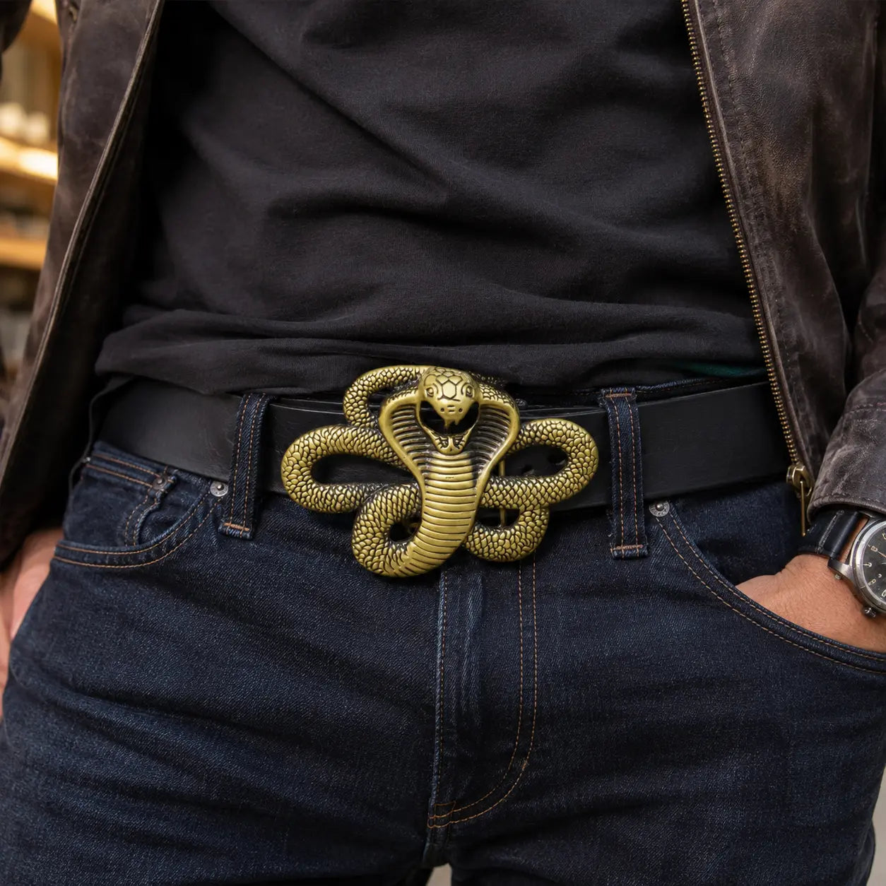 King Cobra Belt Buckle | Antique Brass Snake Design - Flash My Buckle