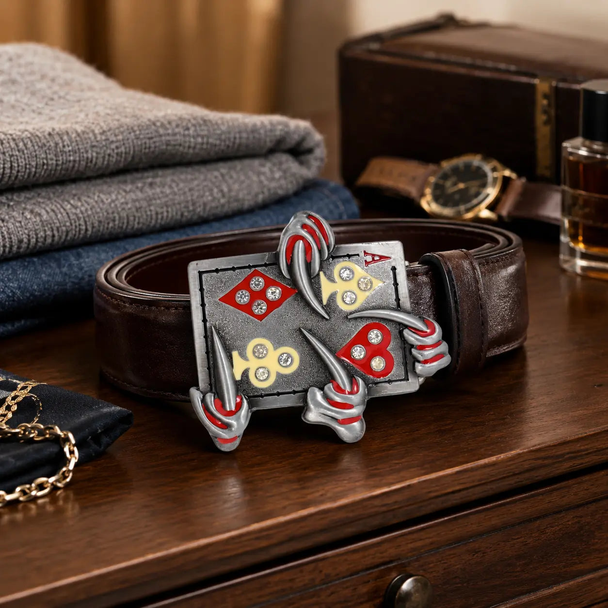 Ace Playing Cards Belt Buckle | Crystal Detail | Rock Style - Flash My Buckle