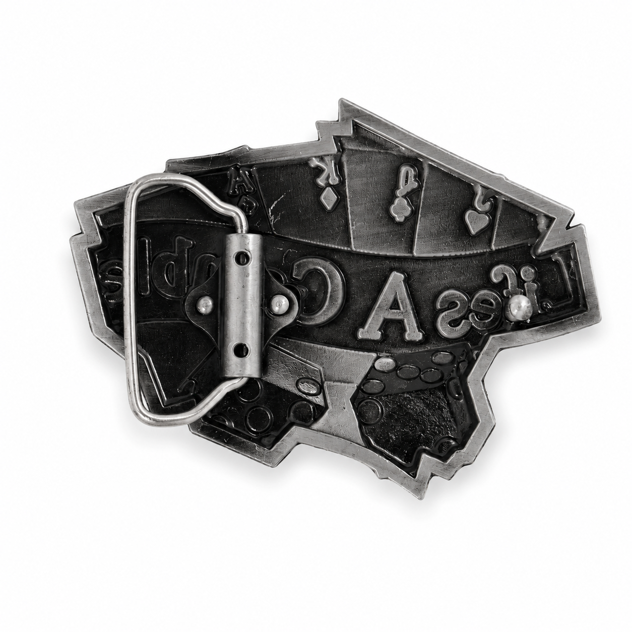 Belt buckle with playing card suits and letters on a white background