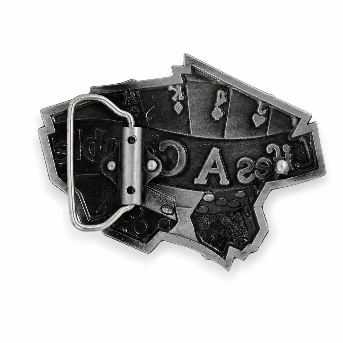 Belt buckle with playing card suits and letters on a white background