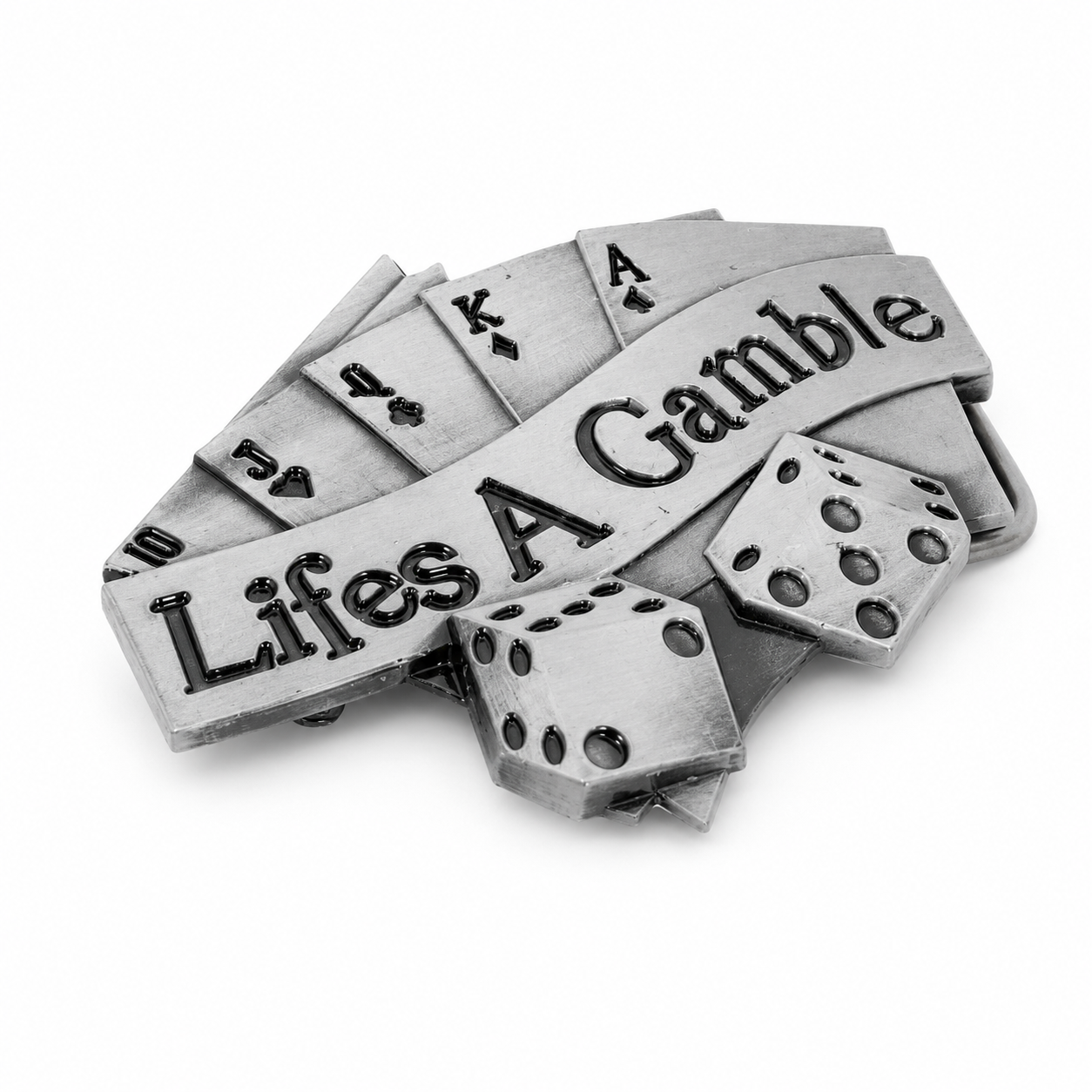 Silver belt buckle with 'Life's a Gamble' and dice on a grey background