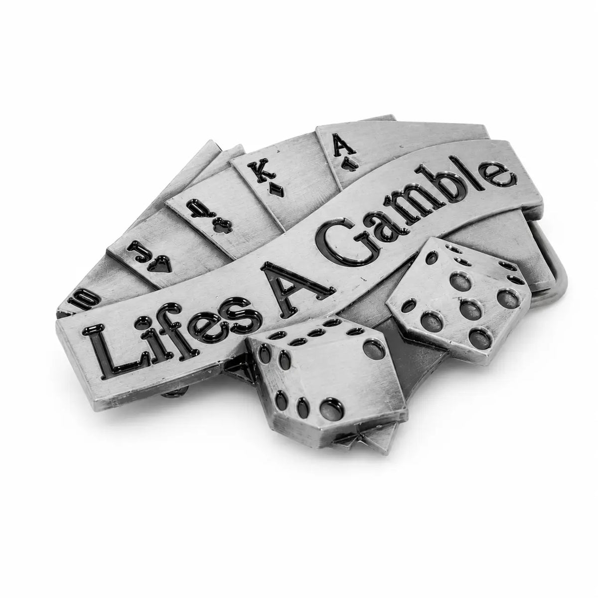 Silver belt buckle with 'Life's a Gamble' and dice on a grey background