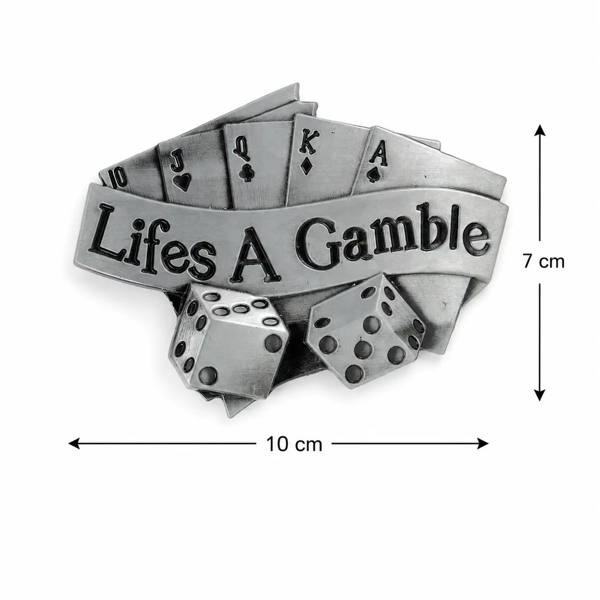 Silver belt buckle with size displayed with playing cards and dice, featuring 'Life's A Gamble' text on a white background.