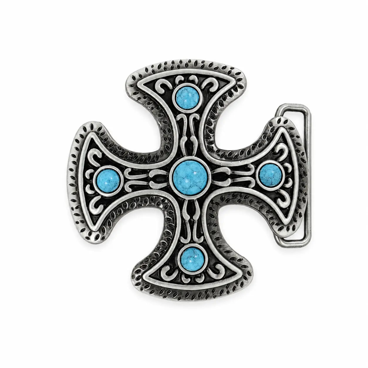 Decorative cross BELT BUCKLE with turquoise stones on a white background