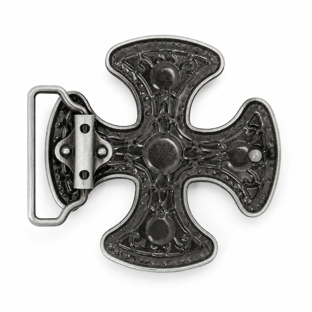 Decorative cross belt buckle on a white background