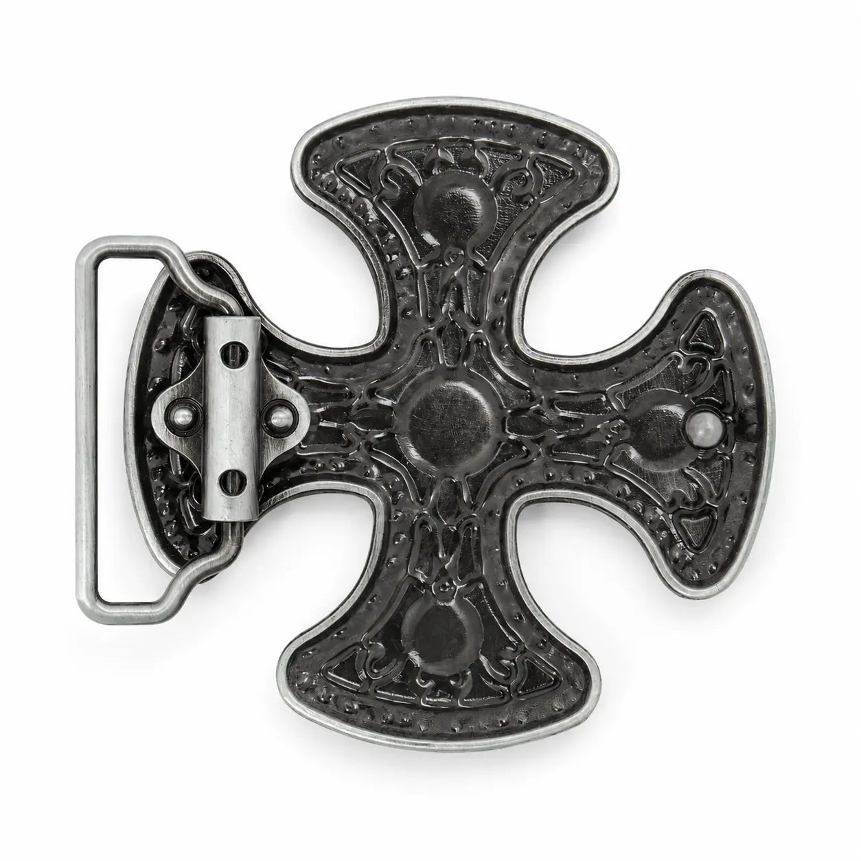Decorative cross belt buckle on a white background