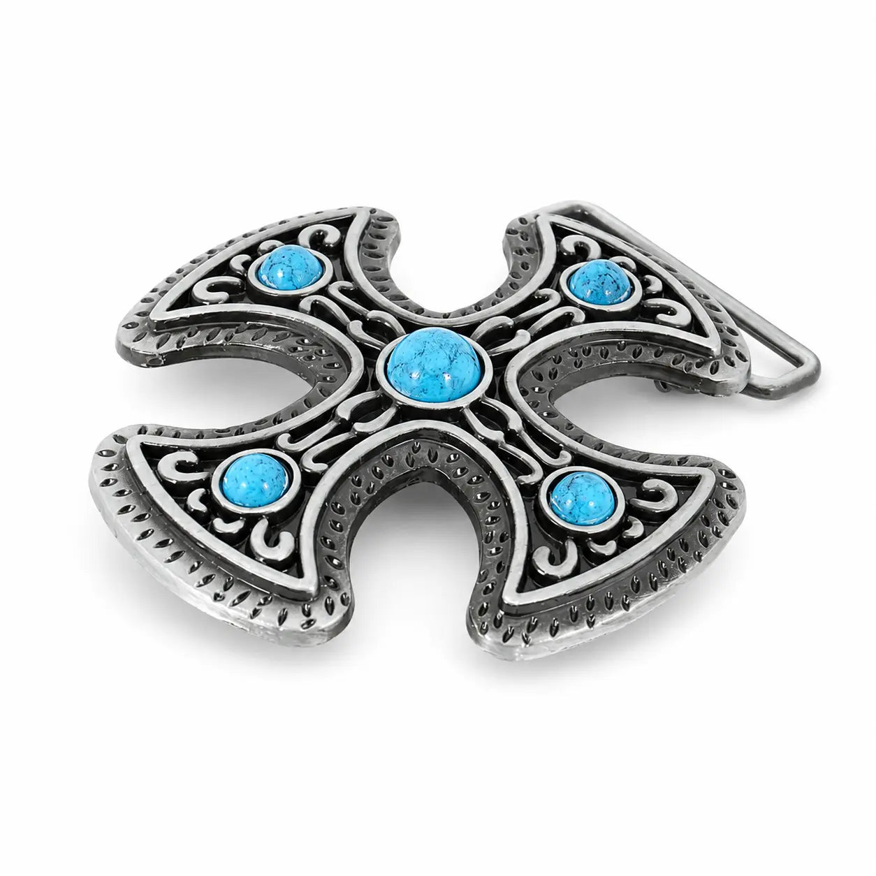 Decorative cross belt buckle pendant with blue gemstones on a white background