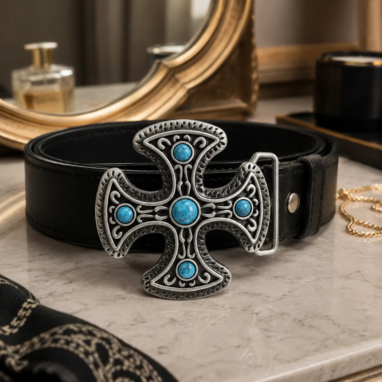 Black belt with a silver cross buckle featuring blue stones on a marble surface.