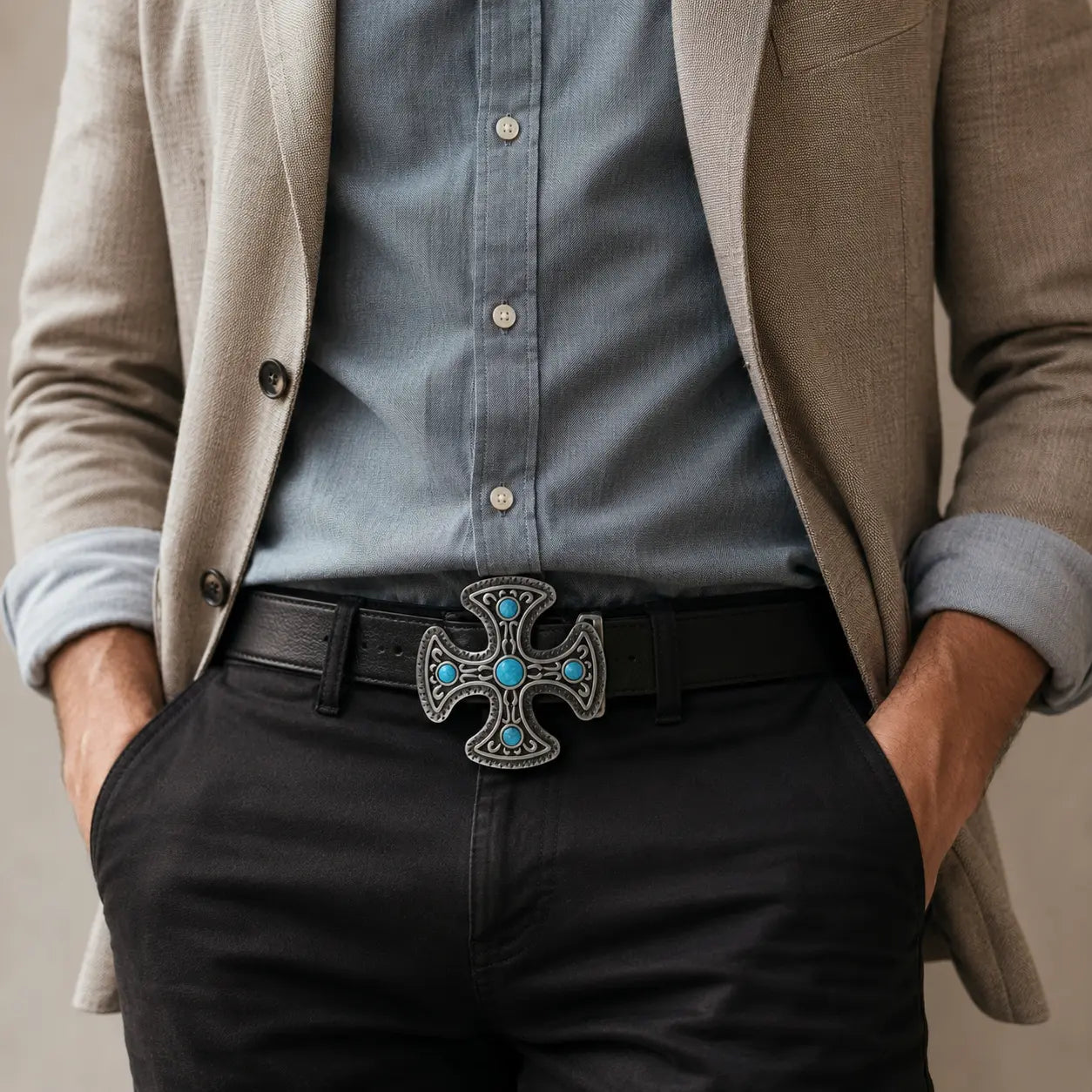 Man wearing a beige blazer, blue shirt, black pants, and a belt with a decorative buckle.