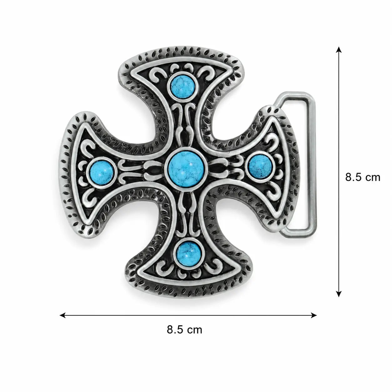 Decorative cross belt buckle with blue gemstones and measurements on a white background