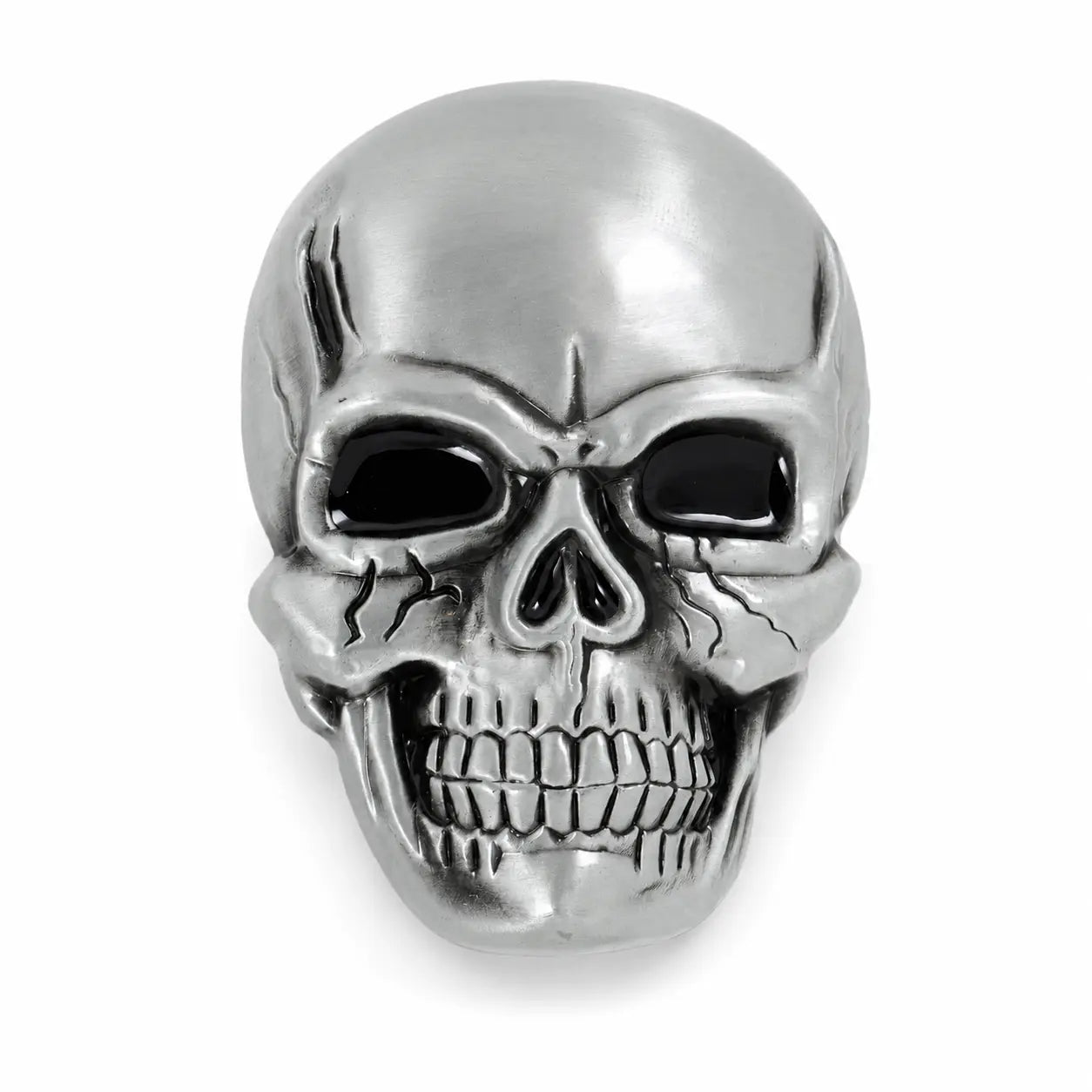 Silver skull-shaped BELT BUCKLE on a white background