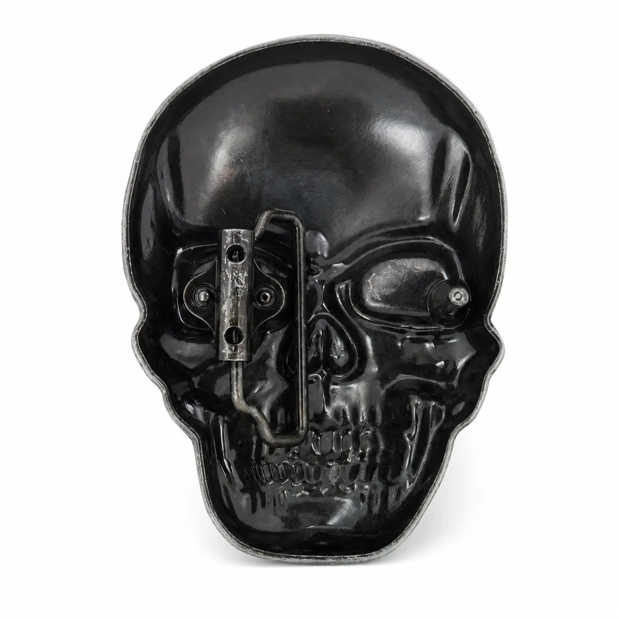 rear of a skull-shaped belt buckle with belt clasp on a white background
