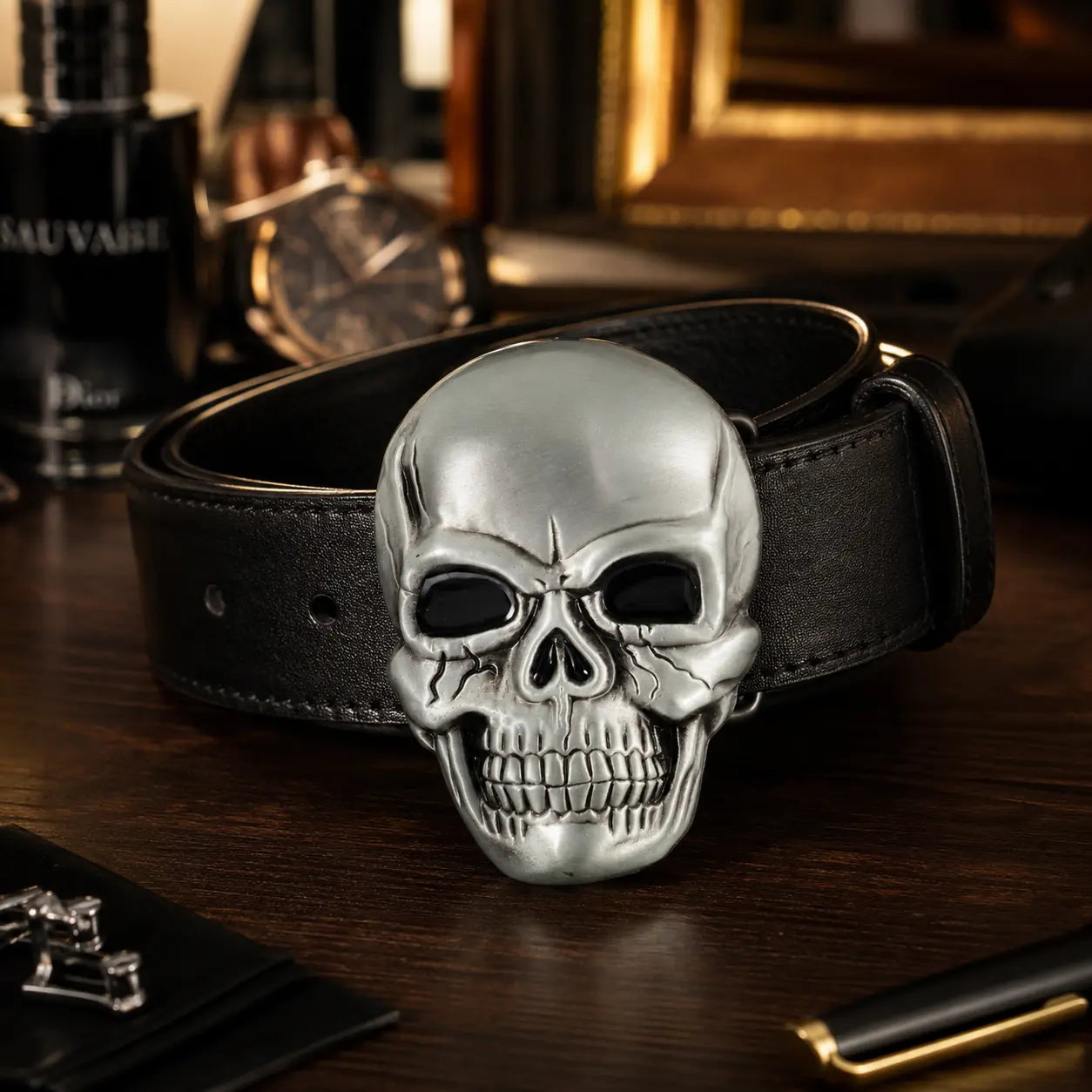 Skull-shaped belt buckle on a black leather belt with a blurred background