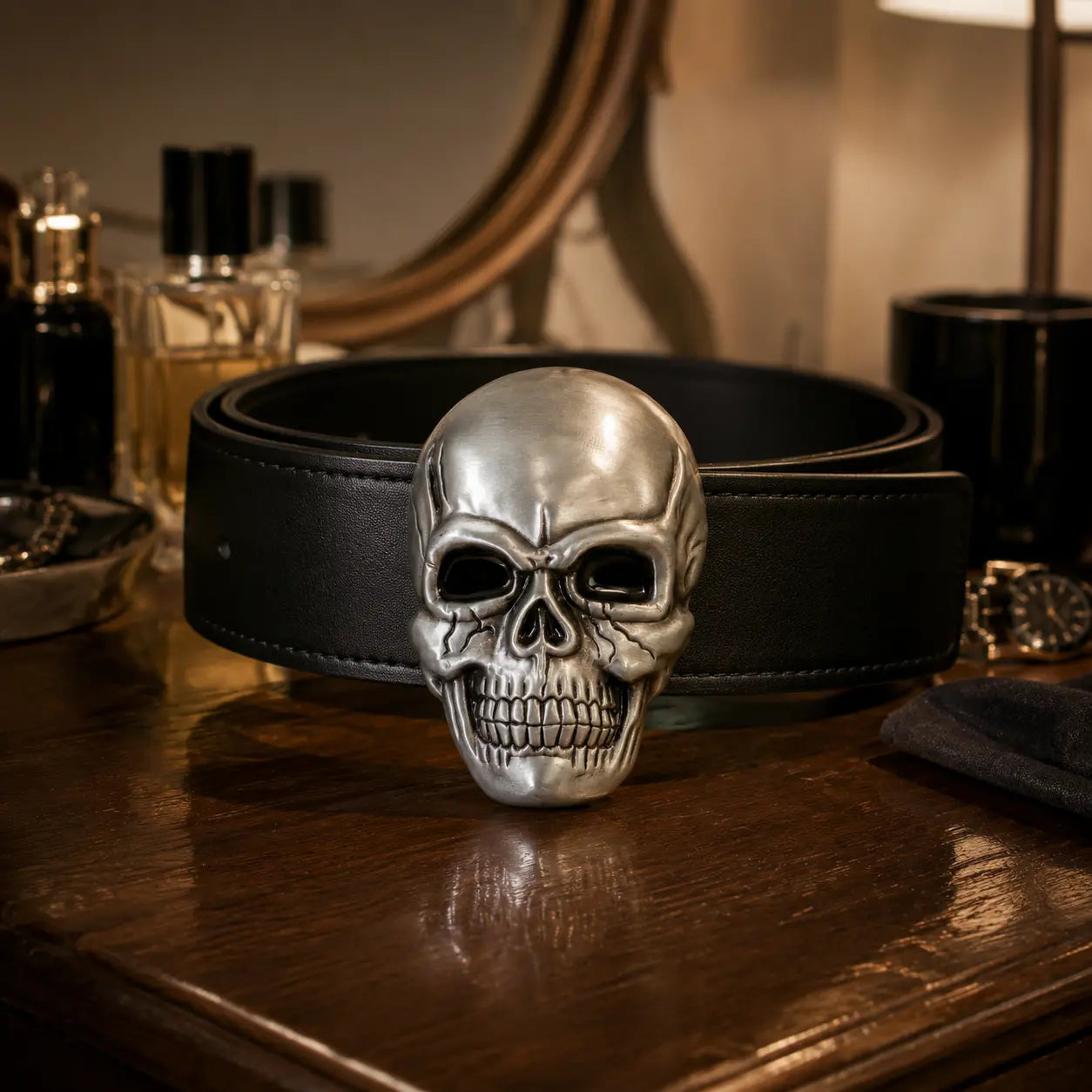 Skull-shaped belt buckle next to a black leather belt with a blurred background