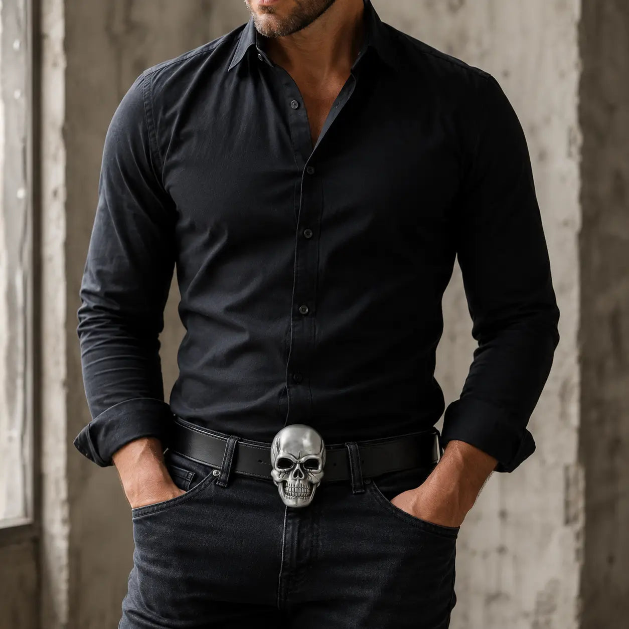 Man wearing a black shirt and dark jeans with a skull belt buckle against a neutral background