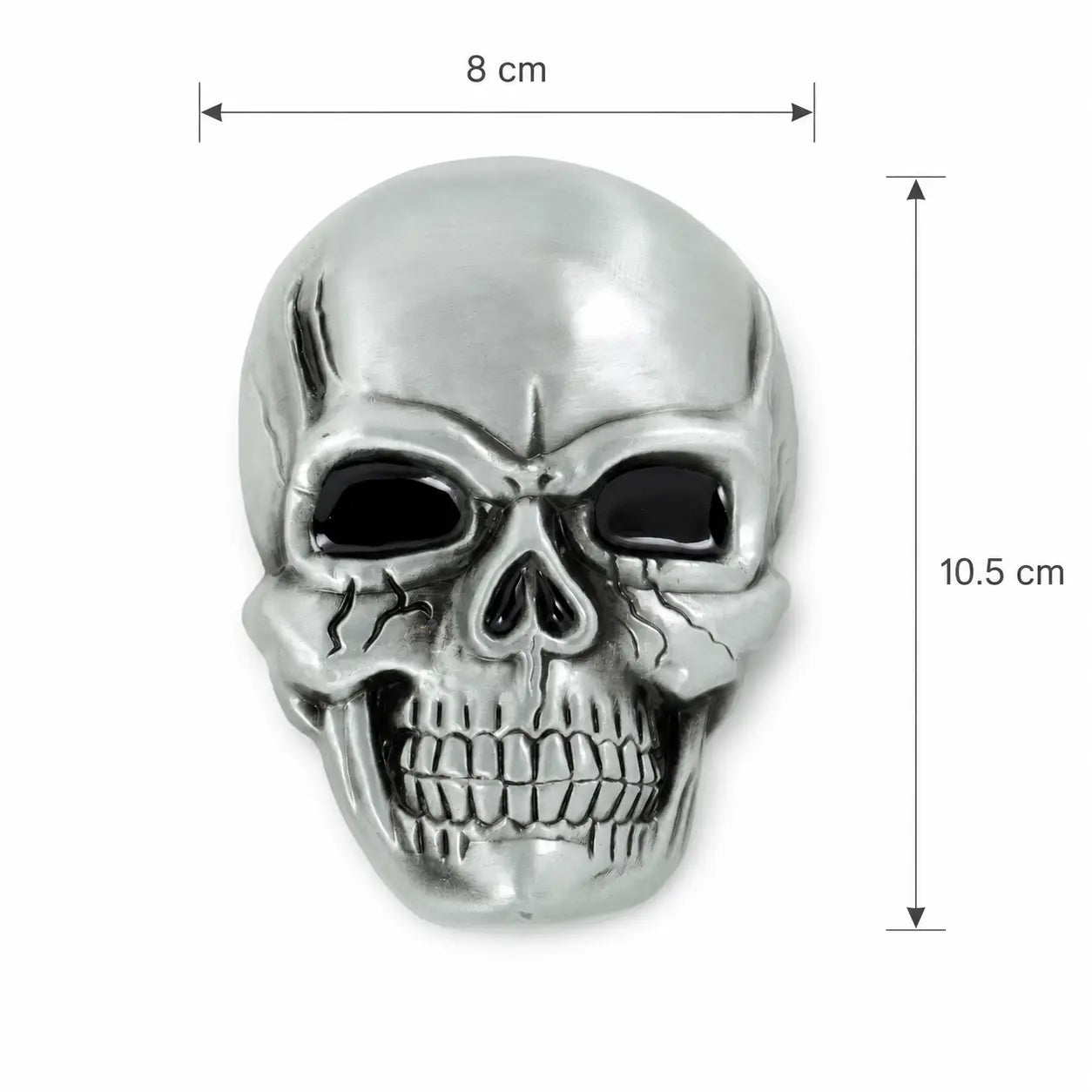 Silver skull-shaped belt buckle with dimensions indicated on a white background