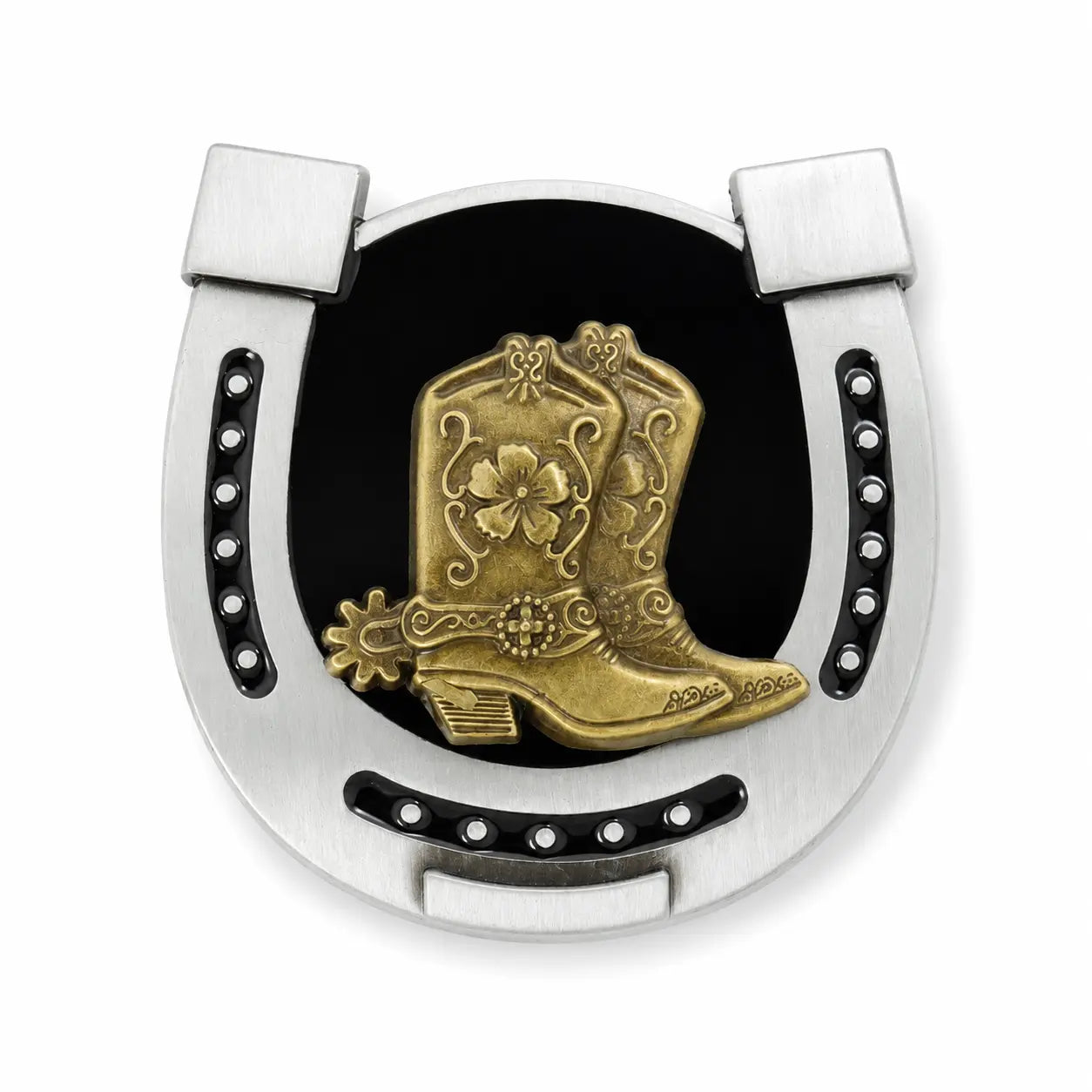 Decorative metal horseshoe belt buckle with gold cowboy boot and black background