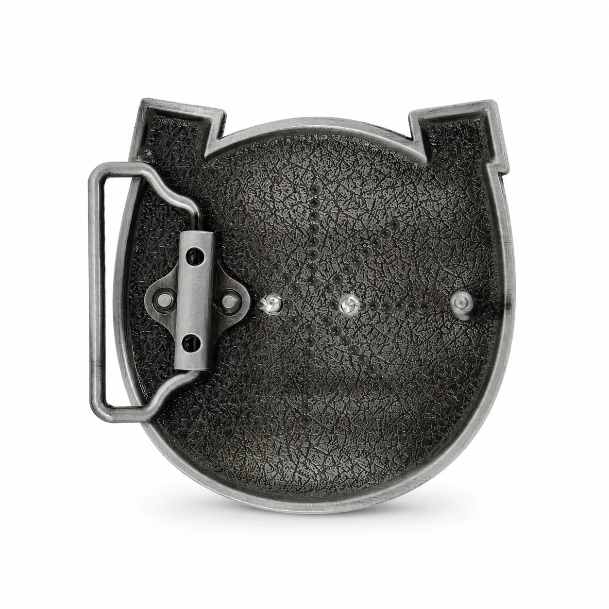 Rear of Belt Buckle with a gold cowboy boot and horseshoe on a black background