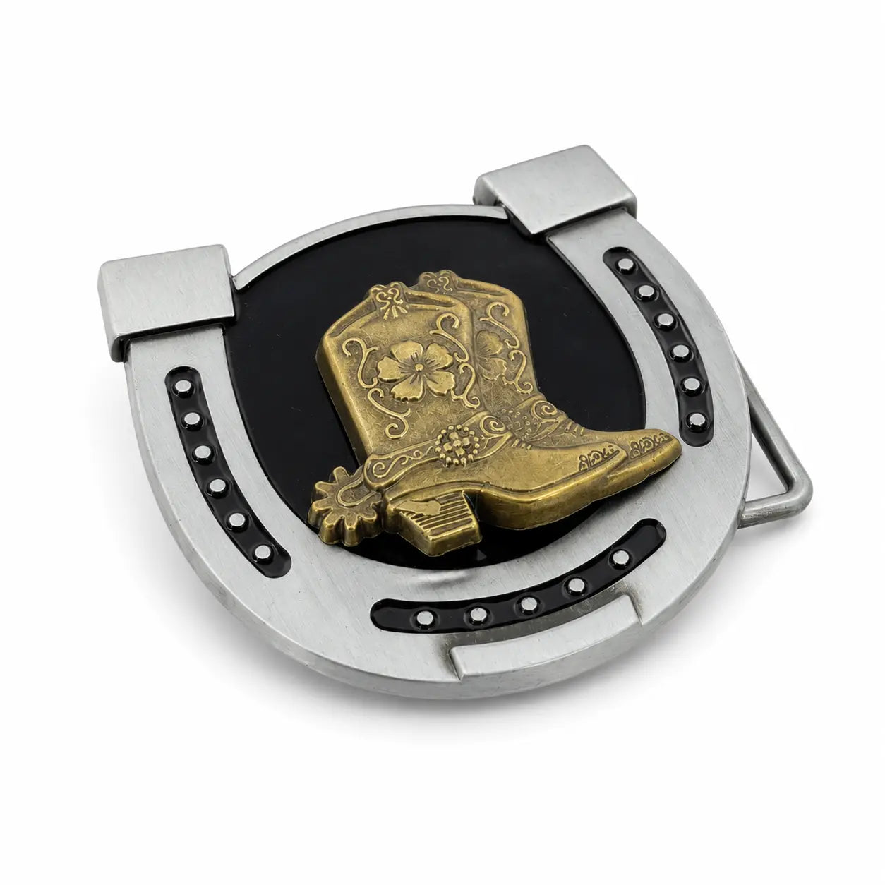 Belt Buckle with a gold cowboy boot and horseshoe on a black background