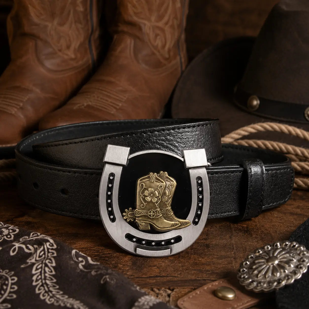 Black belt with a gold and silver buckle featuring a cowboy boot design, placed on a wooden surface with cowboy boots and a hat in the background.