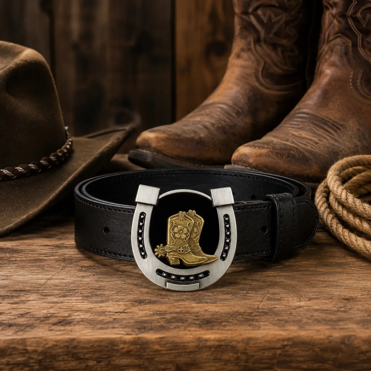 Black belt with a horseshoe and cowboy boot buckle on a wooden surface, surrounded by a cowboy hat, boots, and rope.