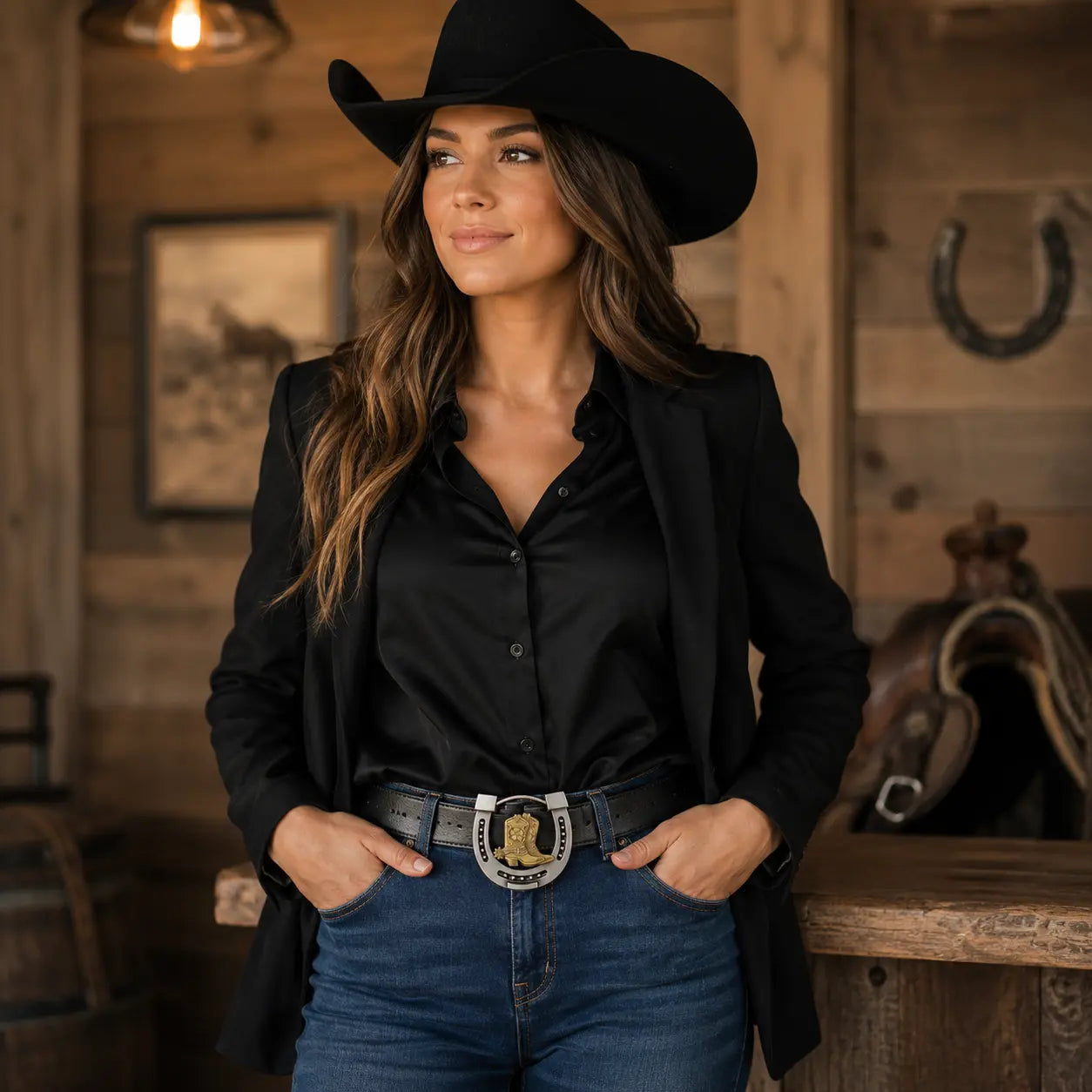 Woman in a black cowboy hat, black shirt, and blue jeans and horseshoe belt buckle standing in a rustic setting.