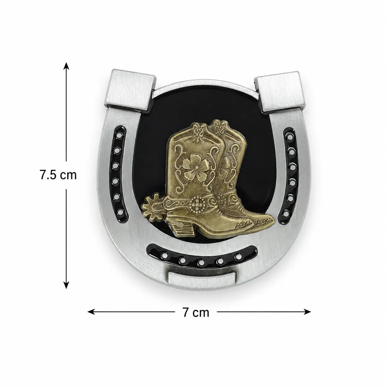 Horseshoe and cowboy boot design belt buckle, showing measurements on a white background.