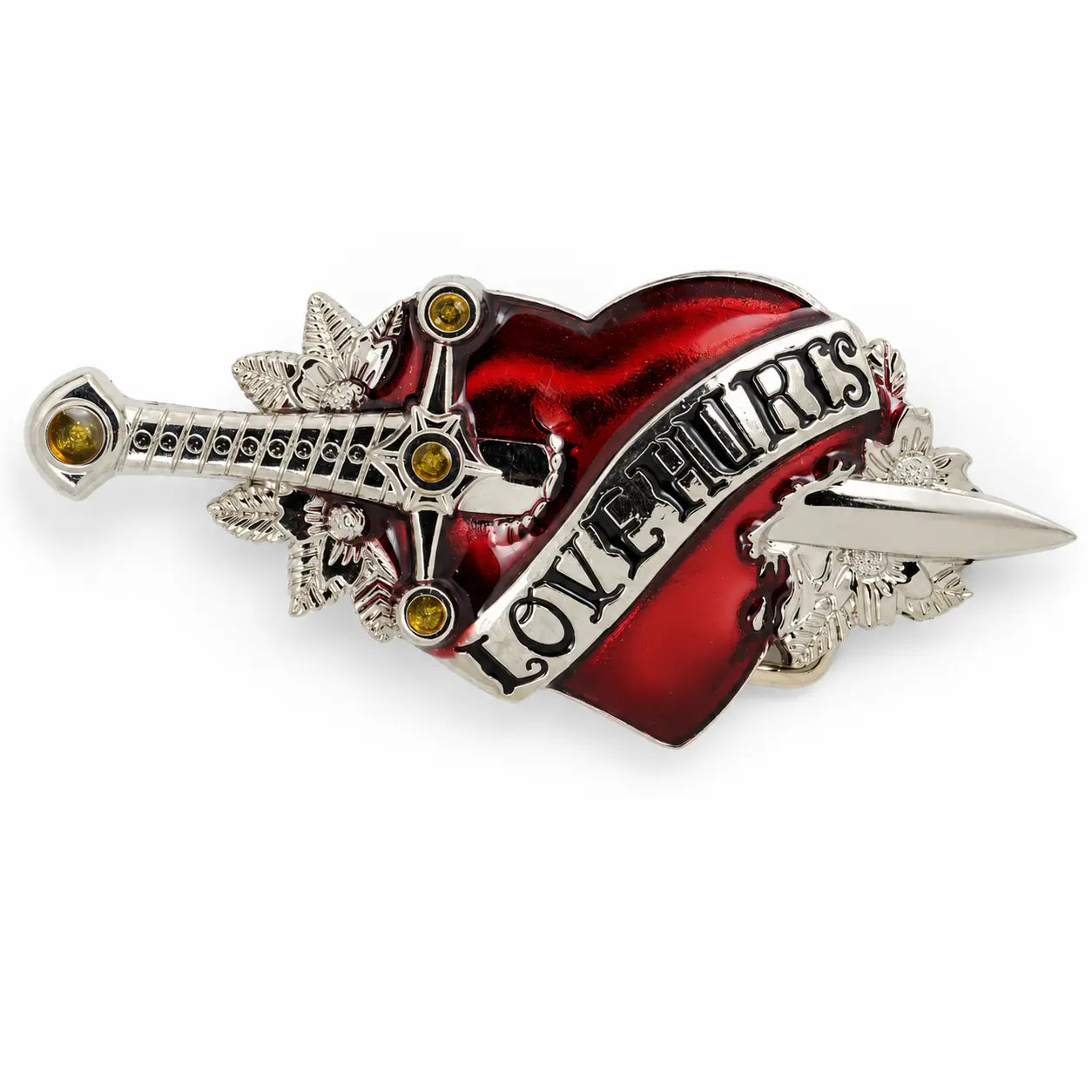 Red heart-shaped belt buckle with an arrow and 'LOVE HURTS' text on a white background