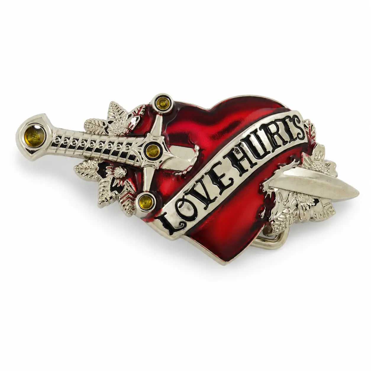 Heart-shaped belt buckle with sword and 'LOVE HURTS' text on a white background