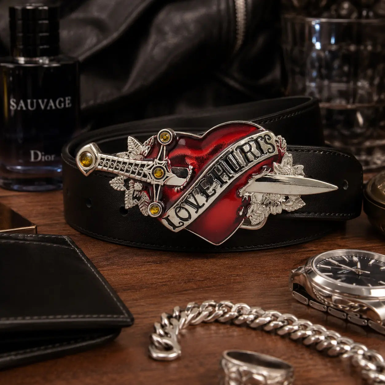 Belt buckle with 'LOVE HURTS' design on a wooden surface with accessories.