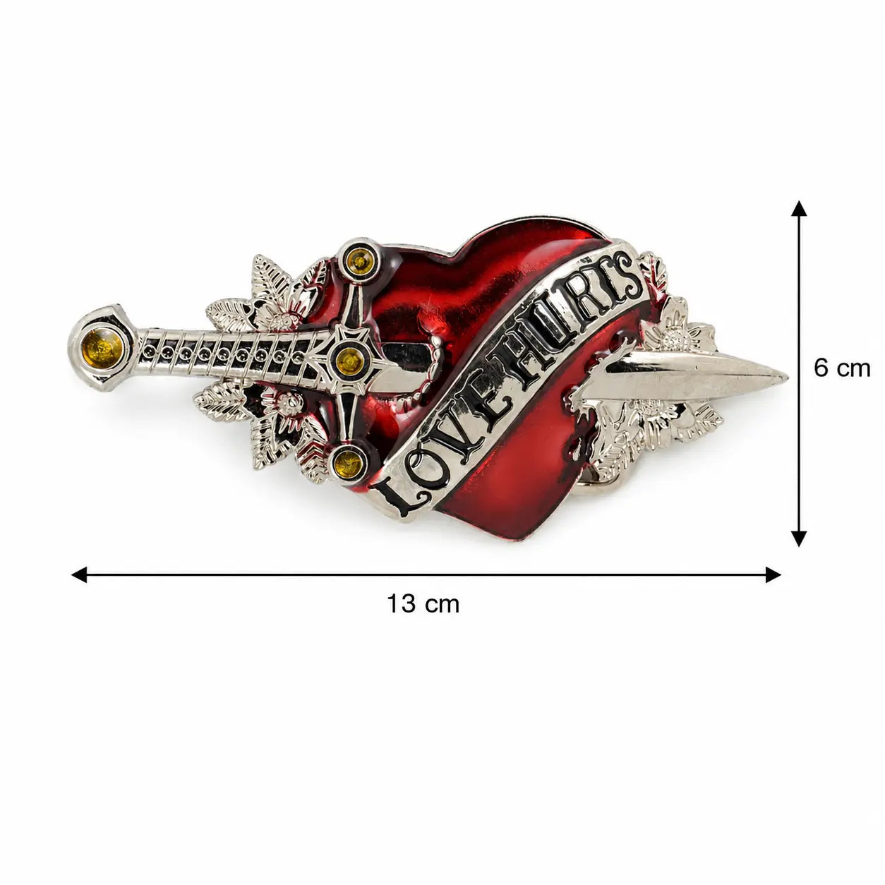 Heart-shaped belt buckle with 'LOVE HURTS' text and arrow, shown with measurements on a white background.