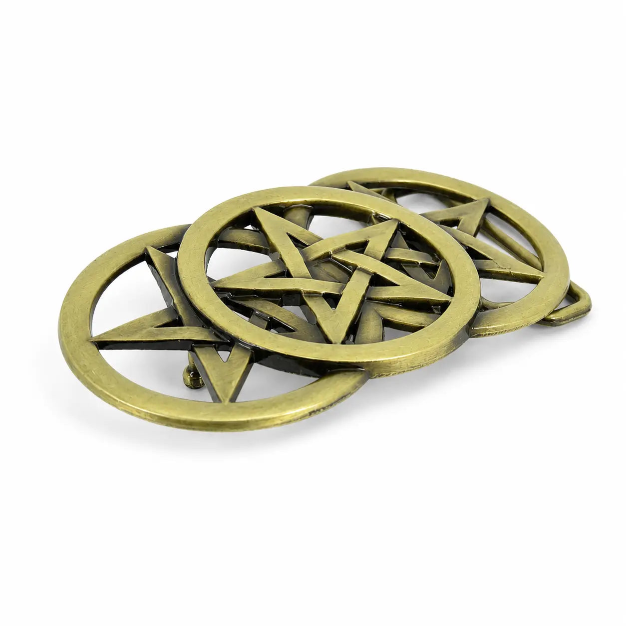 Three brass pentagram belt buckle on a white background