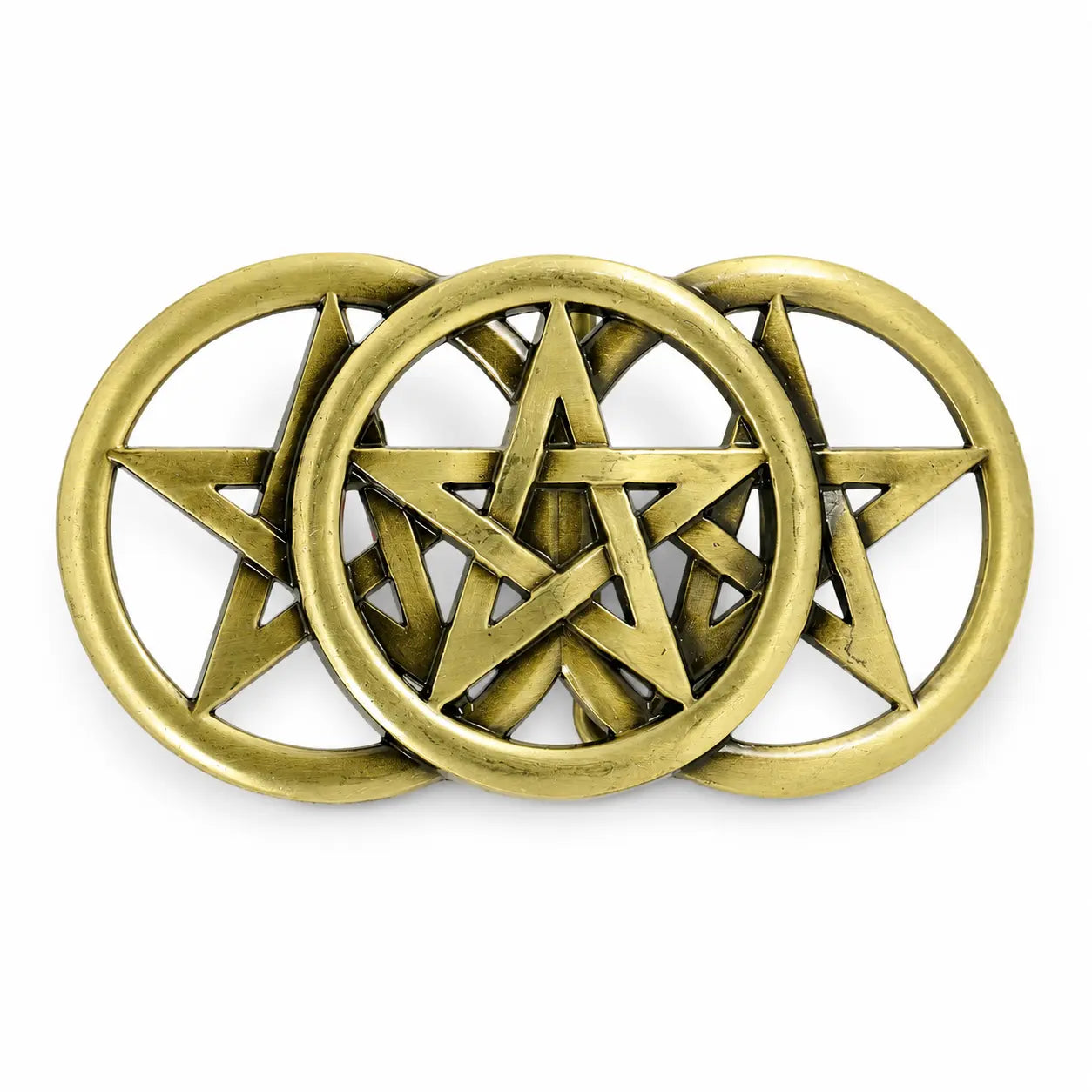 Three gold pentagram symbols interlocking belt buckle on a white background