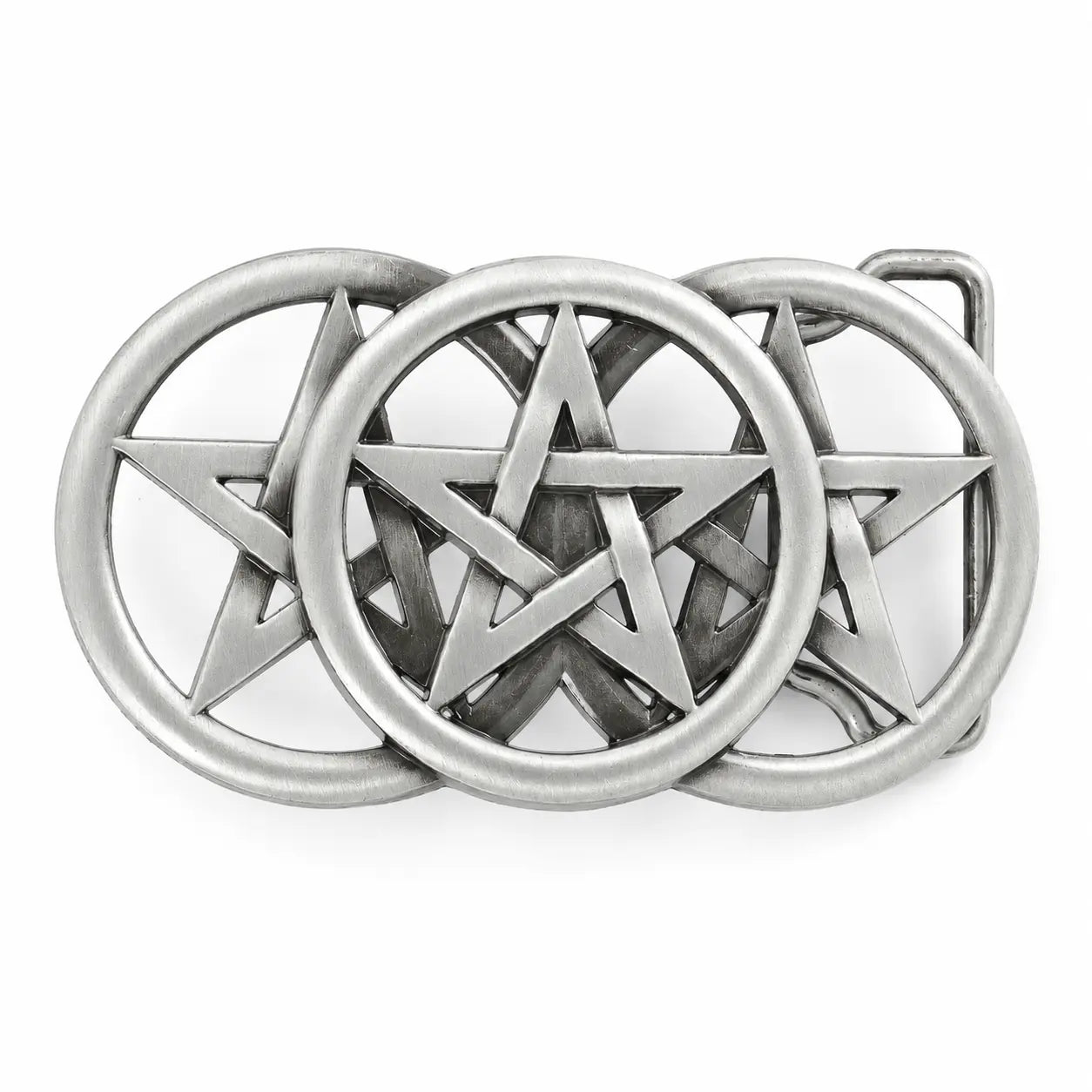 Three silver pentagram belt buckles with star design on a white background