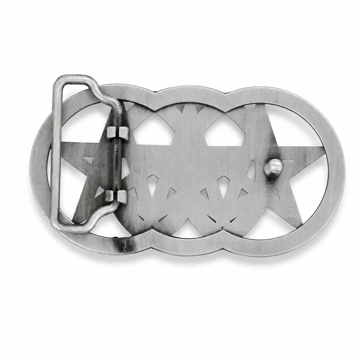 Metallic belt buckle with star design on a white background